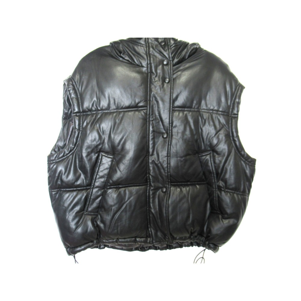 ZARA Women's XS Black Vegan Leather Quilted Hooded Puffer Vest